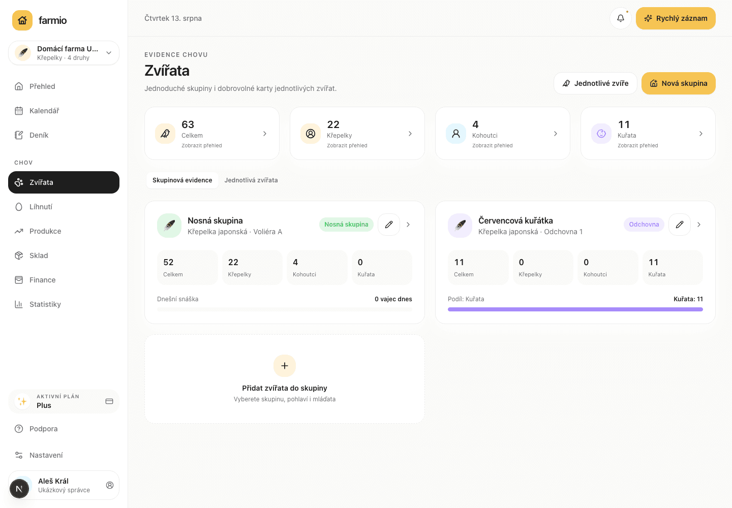 Aktuální evidence zvířat Farmio na tabletu